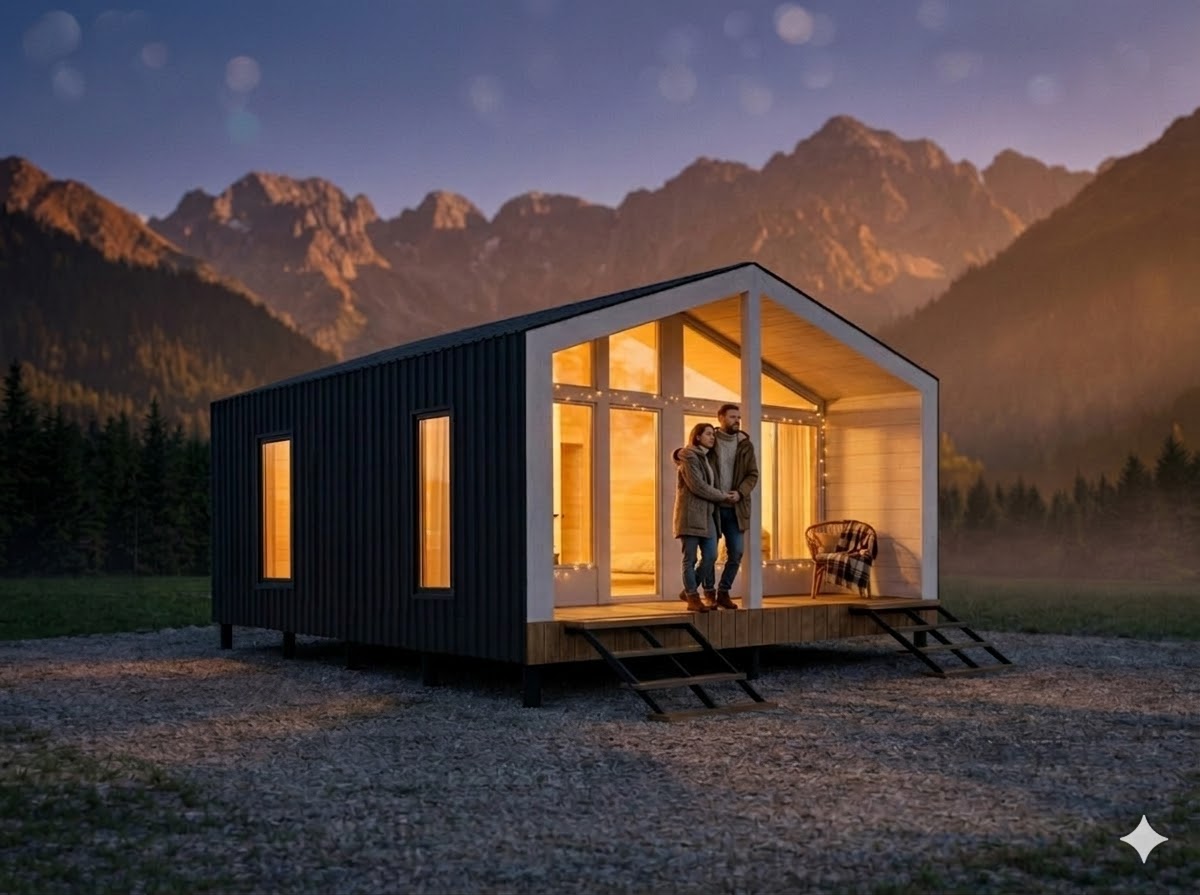 Family near modular house at evening