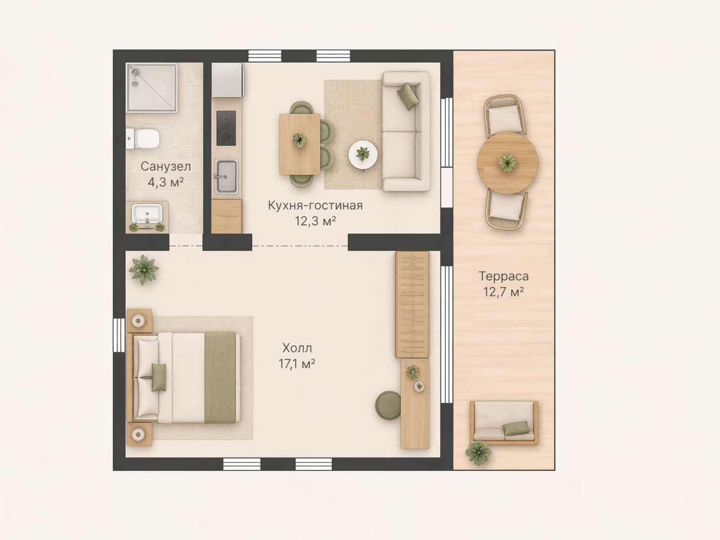 Планировка модульного дома 55,90 м²: вариант с мебелью