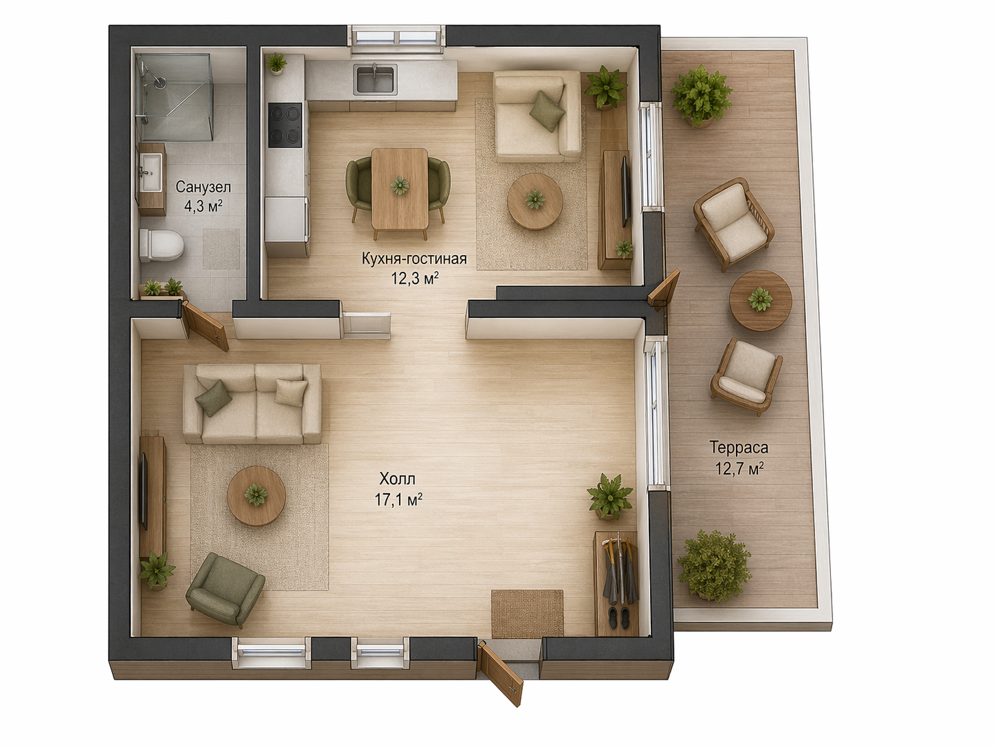 Планировка модульного дома: вариант 1