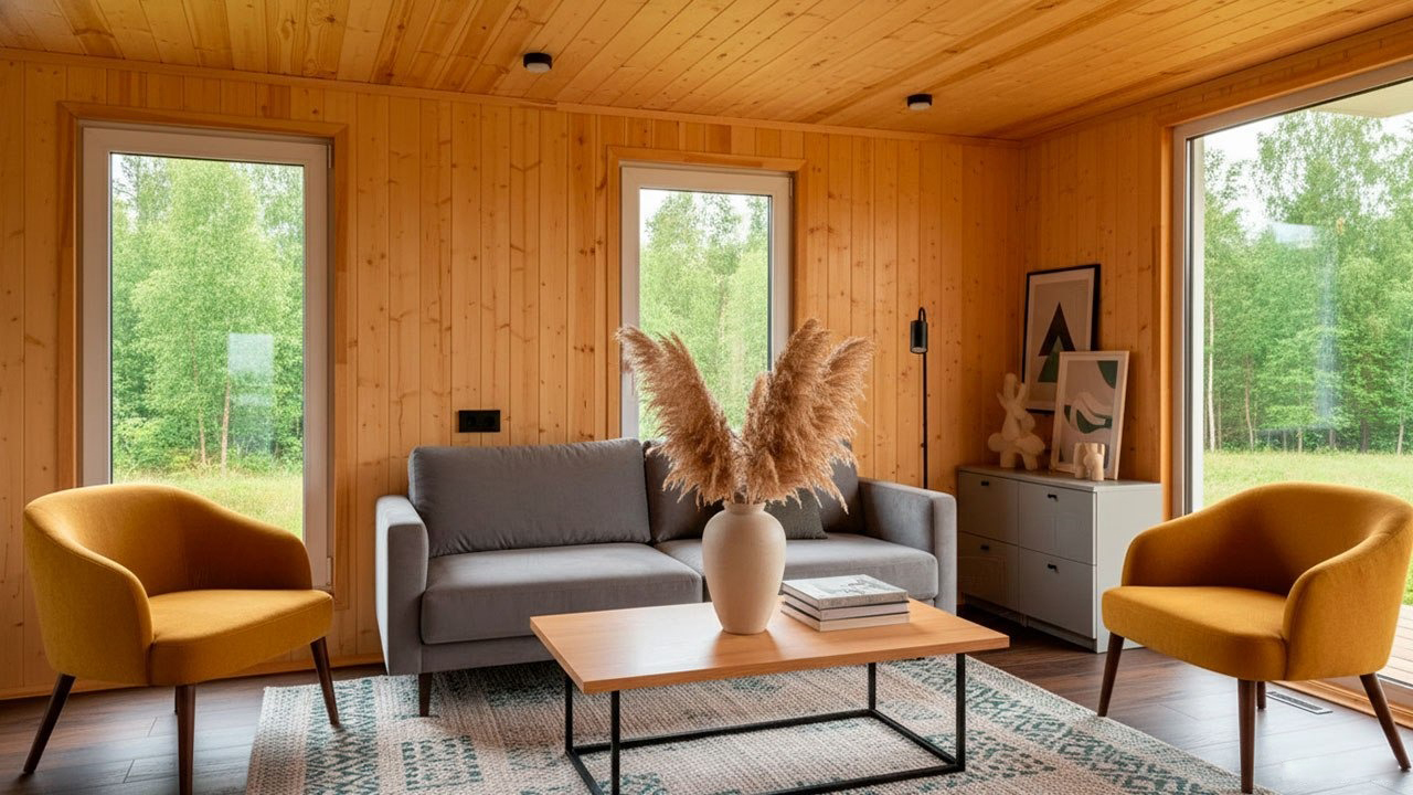 Интерьер модульного дома: гостиная