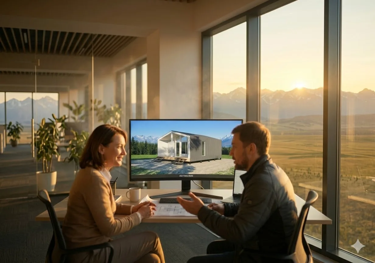 Менеджер консультирует клиента по выбору модульного дома