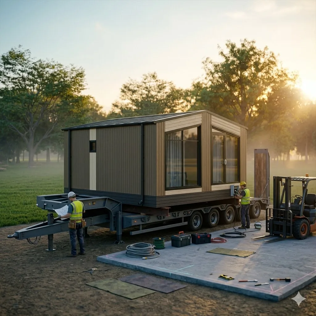 Доставка модульного дома на прицепе к участку клиента