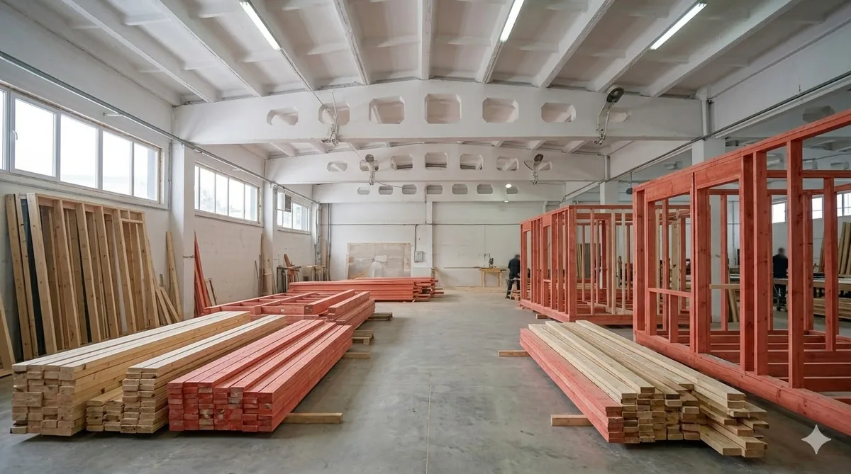 Общий вид цеха по производству модульных домов